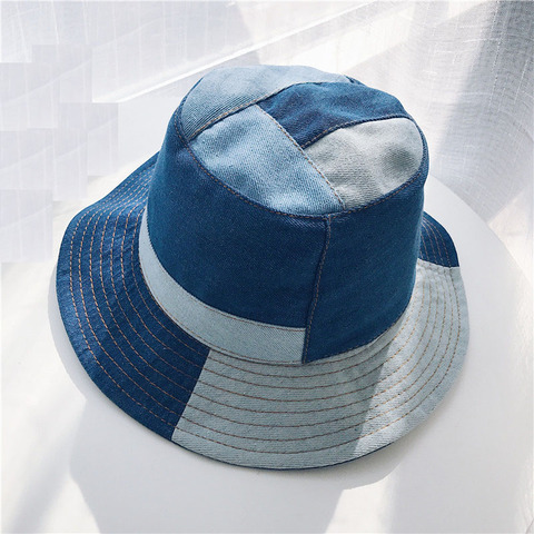 Bucket Hat Women Summer Hats and Caps Patchwork Washed Denim Bucket Hat Hip Hop Solid Wide Brim Cotton Beach Fishing Cap Panama ► Photo 1/6