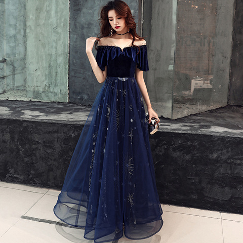 Velvet Navy Blue Young Lady Evening Party Dress Sequins Beads Luxury Qipao A-Line Cheongsam Maxi Dress Vestidos De Festa ► Photo 1/6