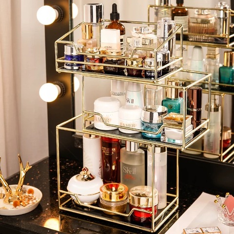 Nordic Rotating Cosmetic Desktop Storage Box Transparent Makeup Organizer 2 Tiers Glass Tray Dressing Table Finishing Rack ► Photo 1/6