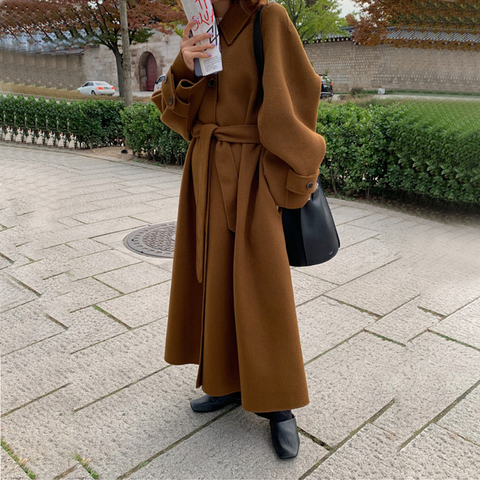 Women Vintage Winter Oversized Long Cashmere Coat Jacket Single Breasted Woolen Overcoat Sashes Cardigan Outerwear ► Photo 1/6