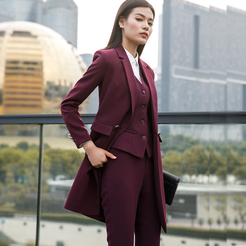 IZICFLY New Fall Winter Women Coat Set Elegant Slim Business Office Long Blazers Vest Pants Suit Work Wear Plus Size Windbreaker ► Photo 1/6