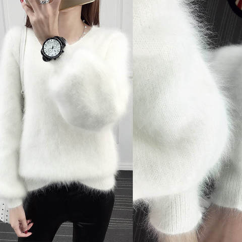 Autumn Winter Lantern Sleeve Faux Mink Cashmere Pullover Knitted Sweater Women Warm Plush Women Sweater Thicken Pullovers C5718 ► Photo 1/6