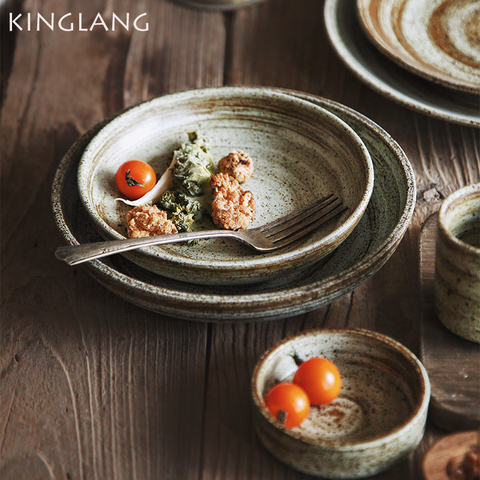 KINGLANG Japanese Style Retro Ceramic Rice Bowl Round Dish Dinner Plate Tableware Sallow Food Plate Wholesale  Dish ► Photo 1/5