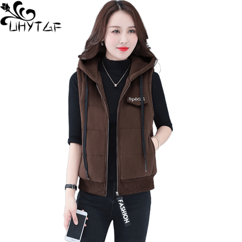 UHYTGF Vests For Women Hooded Female Sleeveless Jacket Pure Color Wild Plus Velvet Warm Autumn Winter Waistcoat Short Top 1390 ► Photo 1/1