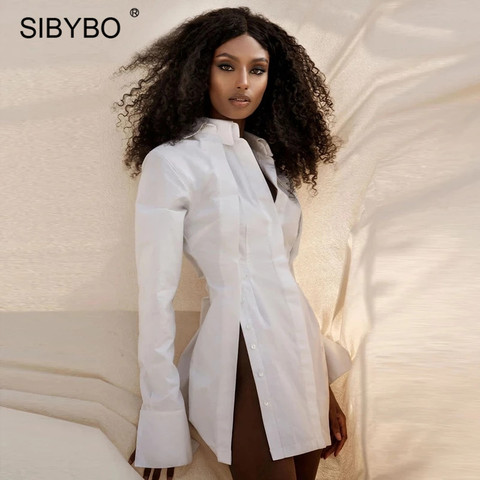 Sibybo White Turn-down Collar Shirt Dress Women Spring Autumn Long Sleeve Buttons Mini Dress Femme Sexy Bodycon Party Dresses ► Photo 1/6