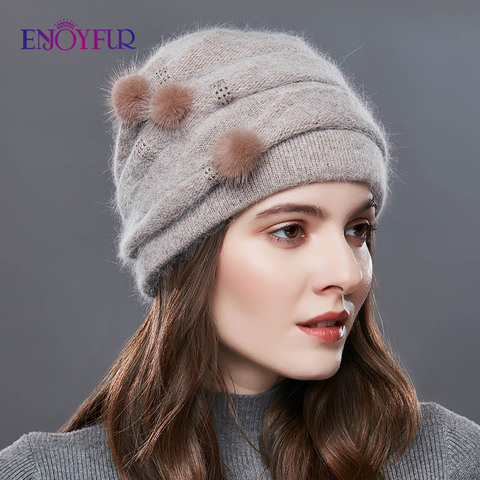 ENJOYFUR Winter Fur Pompom Hats For Women Cashmere Wool Knit