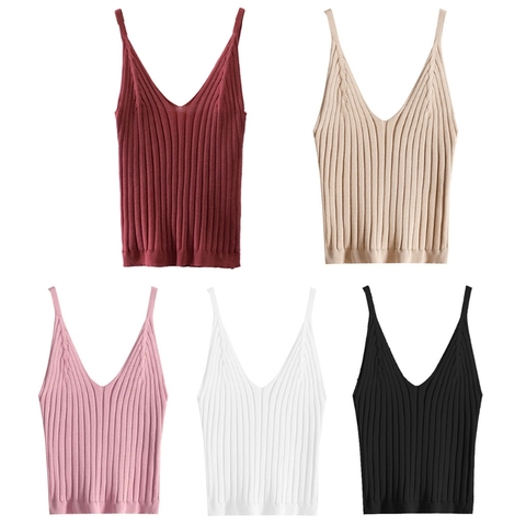 Women Sexy Sleeveless Crop Tank Top Ribbed Knitted Spaghetti Strap Camisole Deep Sexy V-Neck Solid Basic Elastic Slim Sling Vest ► Photo 1/6