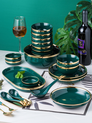 Emerald Green Ceramic Gold Inlay Western Food Steak Pasta Fish Plate Salad Soup Rice Bowl Seasoning Dish Porcelain Tableware Set ► Photo 1/6