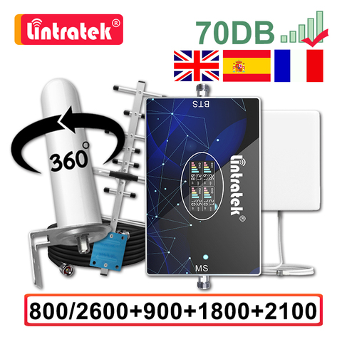 Lintratek 70dB Four Band Signal Booster 800 900 1800 2100 2600 Celular Repeater GSM 2G 3G 4G Amplifier Yagi Omni Antenna 15M AGC ► Photo 1/6