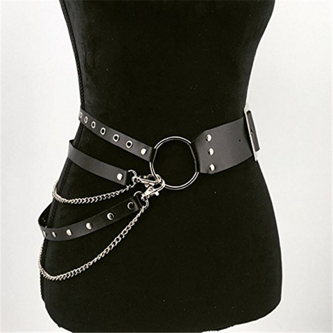 Fashion Women Gothic Punk Waist Belt Chain Metal Circle Ring Design Silver Pin Buckle Leather Black Waistband Jeans Waist Belts ► Photo 1/6