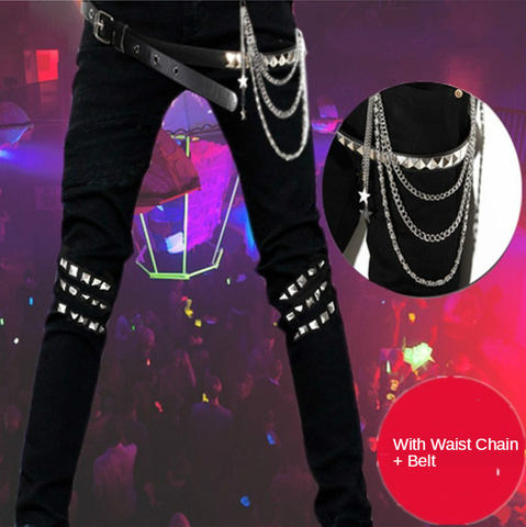 Black Jeans Men Punk Zipper Chain Non-Mainstream Men's Korean Jeans Trendy Fall Slim Fit Stretch Skinny Pants Free Waist Belt ► Photo 1/6