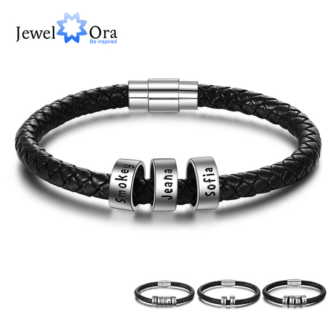 Personalized Men Leather Bracelet with 1-6 Names Beads Customized Family Names Black Rope Magentic Buckle Bracelets for Men ► Photo 1/6