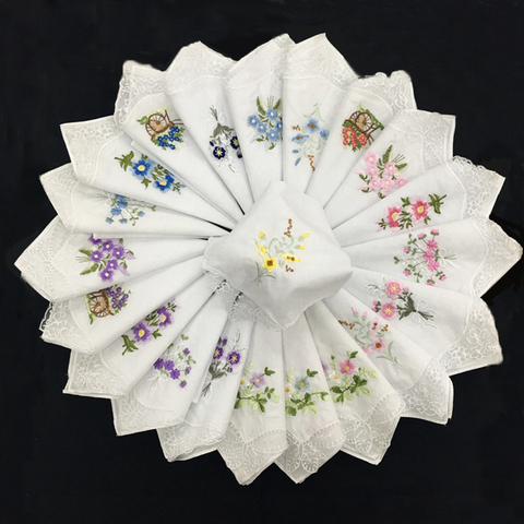 12Pcs Classic 100% Cotton Beautiful Handkerchiefs Women Washable Pocket Embroidered Lace Hankie Towel Lot 28x28cm ► Photo 1/6