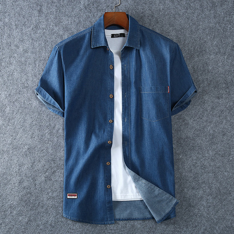 Men's Blue Denim Shirts Short Sleeve Jean Shirts New Summer High Quality Men Cotton Light Blue Denim Shirts Plus size L-8XL ► Photo 1/6