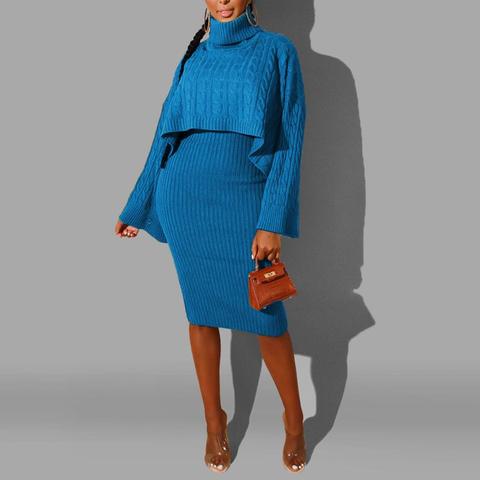 2Pcs Sexy Women Solid Color Long Sleeve Turtle Neck Pullover Sweater Vest Dress Top Flare Sleeve Sweater Dress Women Jumper-Suit ► Photo 1/1