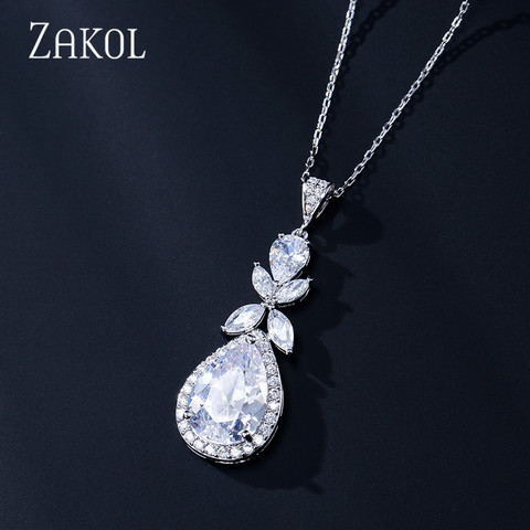 ZAKOL Shinny Water Drop CZ Zirconia Leaf Pendant Necklaces For Women Fashion Anniversary Bridal Wedding Jewelry FSNP2109 ► Photo 1/6