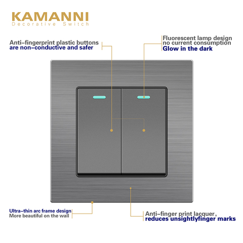 KAMANNI Wall Switch Power Light Switch With Indicator Lightes 2 Gang 2Way Luxury Push Button Switches Aluminum Alloy Panel 220V ► Photo 1/6