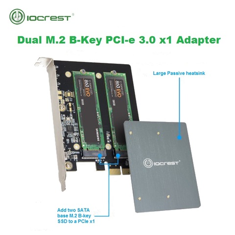 IOCREST Dual M.2 Ngff Sata Ssd B Key Pci-e 3.0 X1 Adapter with Heatsink Support 2230, 2242, 2260, 2280 and 22110 ► Photo 1/6