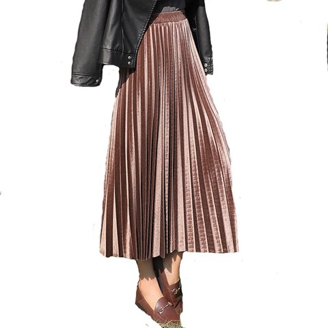 Pleated Skirt Women Winter Vintage High Waist Velvet Black Skirt Ladies 2022 Long Silver Maxi Elascity Casual Party Skirt ► Photo 1/6