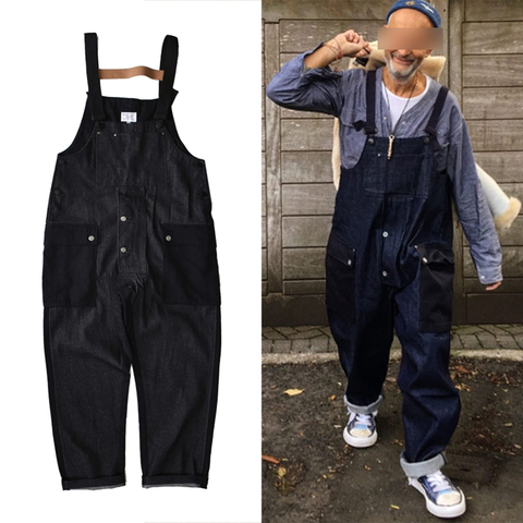 Colorblock Denim Overalls Mens Safari Style Multi Pocket Cargo Jeans Men Baggy Casual Work Pants Wid Leg Bib Trousers ► Photo 1/6