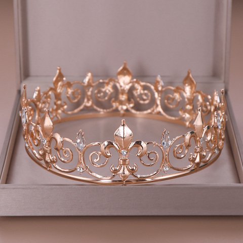 AiliBride Gold Round Crown King Queen Wedding Tiara Bride Headpiece Men Party Crystal Hair Jewelry Wedding Hair Accessories ► Photo 1/6