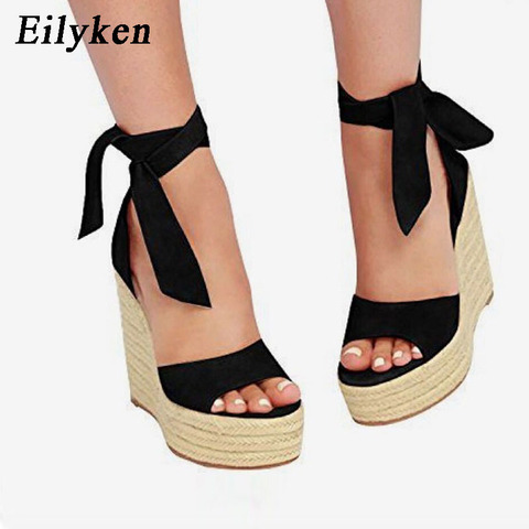 EilyKen Women Summer Butterfly Knot Solid Black Open Toe Sandals Fashion Platform High Heel Wedge Shoes Ankle Bowtie Dress Shoes ► Photo 1/6