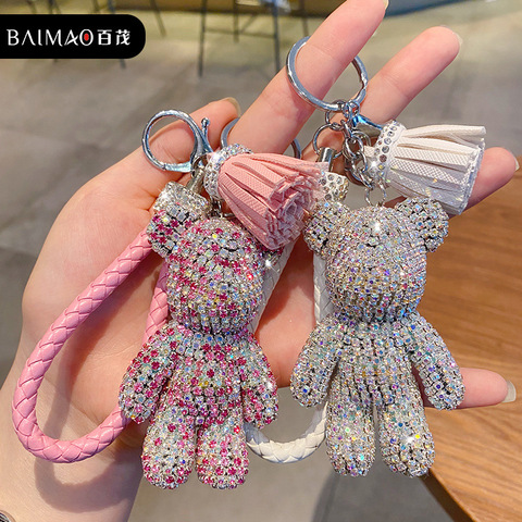 Cute  Rhinestone Tassel Bear Keychain Couple Keychain Girl Decoration Small Pendant Car Key Ring Student Bag Pendant ► Photo 1/6