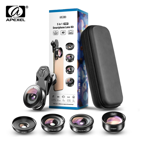 APEXEL 5in1 Mobile Phone Lens Case Kit Photography HD Fisheye Super Wide Angle 4K Macro Telescope Lens Set With CPL Star Filter ► Photo 1/6