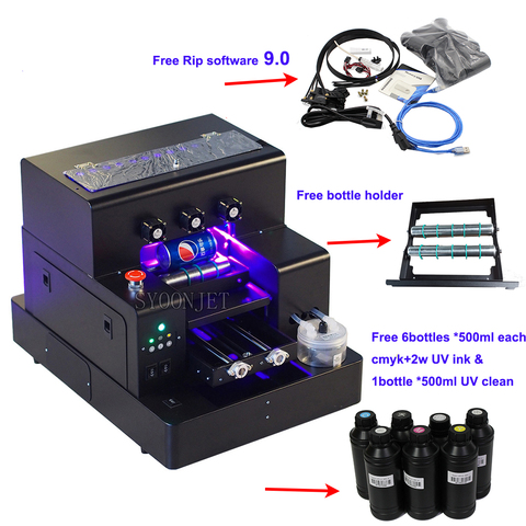 Full automatic UV printer A4 UV Led flatbed Bottle Printer with 3500ml UV ink set For phone case Cylinder wood glass printing ► Photo 1/6