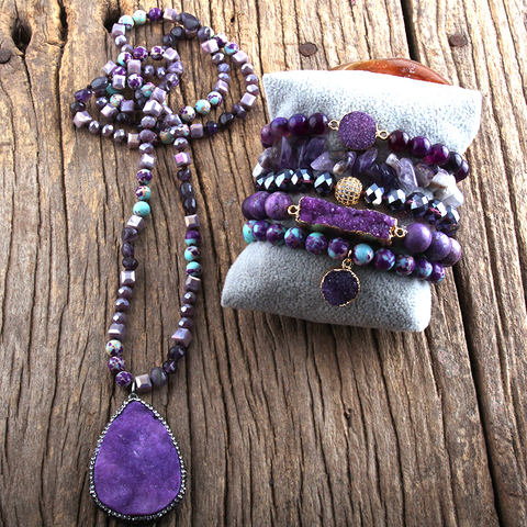 RH Fashion Boho Jewelry Set Semi Precious Stone Knotted Natural Stones Druzy Charm Pendant Necklace Bracelet set ► Photo 1/6