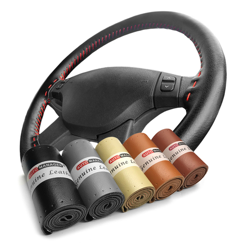 Braid Steering Wheel Cover Genuine Cowhide Leather Car Steering-Wheel On Wrap With  Needle Thread 15inch 38cm ► Photo 1/6