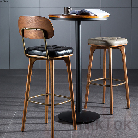 Nordic Bar Chair Leather Soft Bag Bar Chair Bar Stool Simple Modern High Stool Home Bar Stool Solid Wood High Chair L ► Photo 1/5