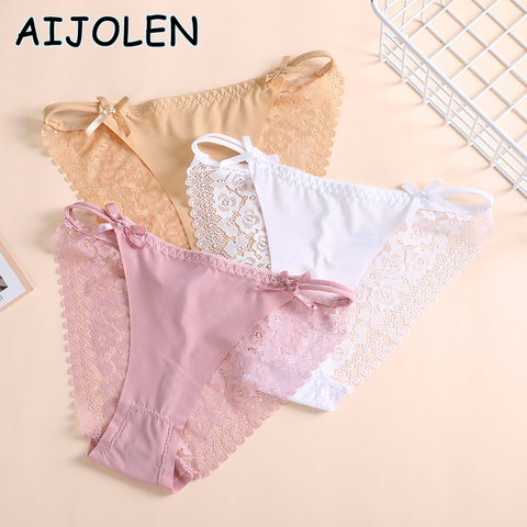 AIJOLEN Stitching Hollow Ice Silk Ladies Briefs Low Waist Sexy Lace Underwear Comfortable Solid Color Bow Panties ► Photo 1/6