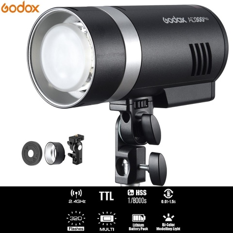 Godox AD300Pro 300W HSS TTL 2.4G 1/8000 light Round Head Outdoor Flash with Lithium Battery AD-E2 bracket for  DSLR Cameras ► Photo 1/6