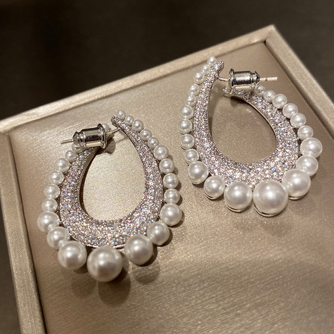 Bilincolor silver color cz oval with  white pearl  special design earring for women ► Photo 1/6