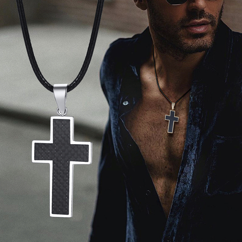 GENTLEMAN BLACK CARBON FIBER LATIN CROSS NECKLACE IN STAINLESS STEEL EDGES PENDANT MEN JEWELRY ► Photo 1/6