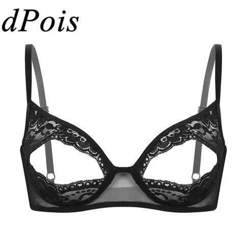 Women Wire-free Unlined Cup Sheer Lace Floral Nipple Split Bra Soft Adjustable Spaghetti Straps Bralette Bra Top Sexy Lingerie ► Photo 1/6