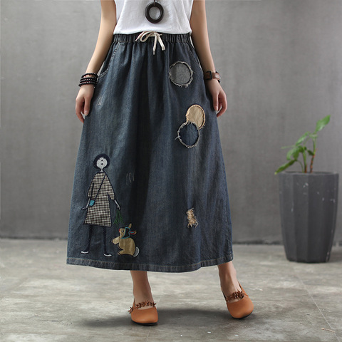 Plus Size Cartoon Embroidery Denim Skirts Women Vintage Art Ripped Oversized Female Elastic High Waist Long Maxi Jeans Skirt ► Photo 1/4