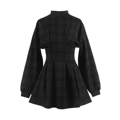 PERHAPS U women stand collar long sleeve balck plaid pleat ruched mini dress puff sleeve D1420 ► Photo 1/5