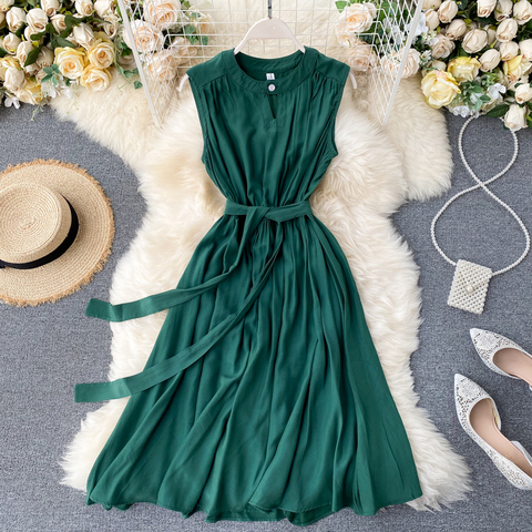 Summer Solid Green/Blue/Yellow Casual Dress Elegant Sleeveless Round Neck Sashes Dresses Vintage 2022 New Fashion Vestido Verano ► Photo 1/6