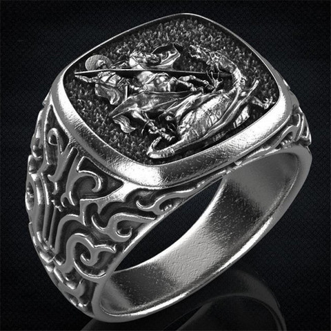 Punk Vintage Saint George Hero Rings For Men White Gold Jewelry European and American Myths Ward off Evil Spirit Retro Male Ring ► Photo 1/4