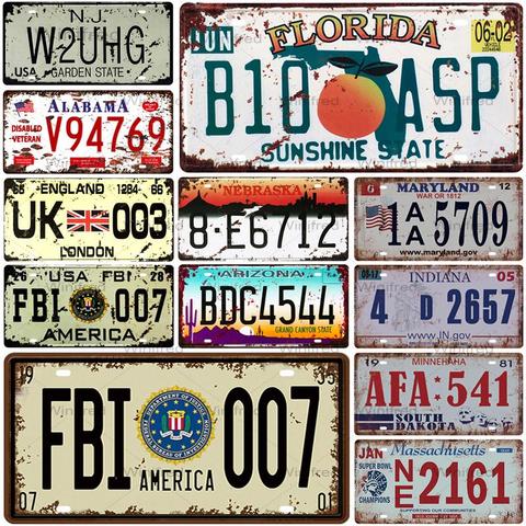 USA Florida UK Car License Rusted Vintage Number Plate Signs Garage Car Club Bar Cafe Pin Up Tin Sign Metal Plaques Wall Decor ► Photo 1/6