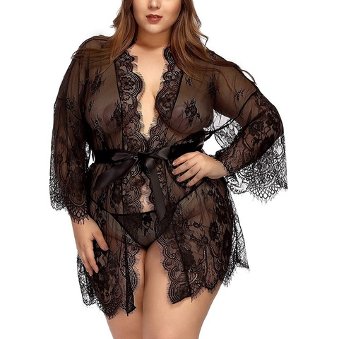 Women's robe 3XXL bathrobe Lace Nightie bathrobe women Bridesmaid Bath Robe Hollow See-though Sleepwear bridesmaid gift Lingerie ► Photo 1/6