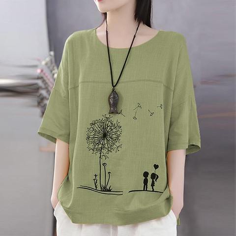 Women Cotton Linen Shirt Autumn Cartoon Printed Blouse Female O Neck 3/4 Sleeve Tunic Tops Chemise Loose Casual Blusas Mujer ► Photo 1/6