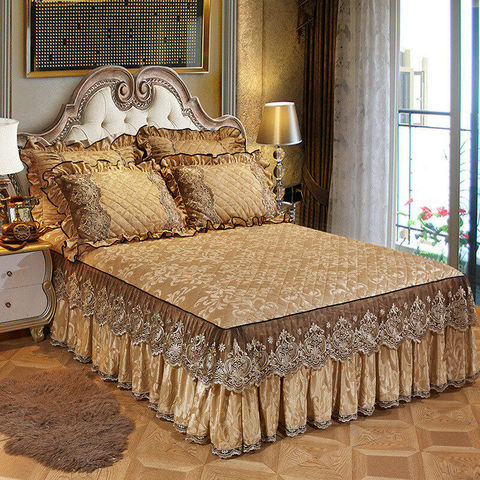 Lace Velvet Bedspread King Size Quilted Bedskirt Ruffle Elastic Full Queen Bed Cover Pillow Cases Soft Warm European 3-Piece ► Photo 1/6