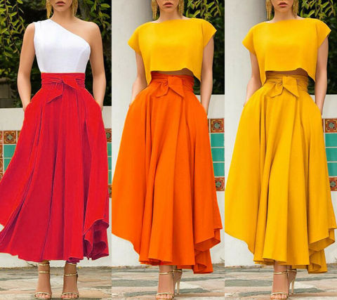 Women's Solid Color High Waist A Line Skirt Fashion Slim Waist Bow Belt Pleated Long Maxi Skirts Red Orange Yellow ► Photo 1/6