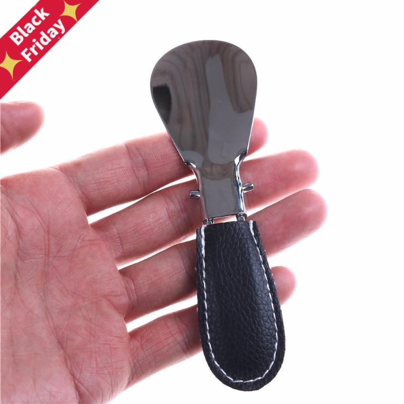 Portable Black Folding Shoehorn Metal Durable With Stainless Steel Faux Leather 