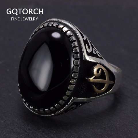 Large 925 Sterling Silver Signet Rings For Men Arabic Elif Vav With Natural Stone Black Onyx Tiger Eyes Turkish Allah Jewelry ► Photo 1/6