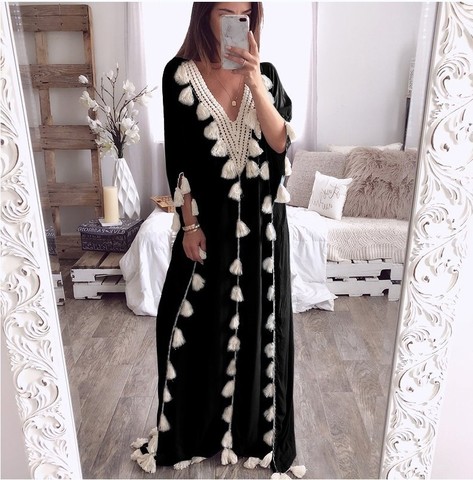 Dubai Turkey Muslim Abaya Dress Women Boho Summer Tassel Moroccan Kaftan Sundress Islamic Clothing Plus Size Ropa Long Robes ► Photo 1/6