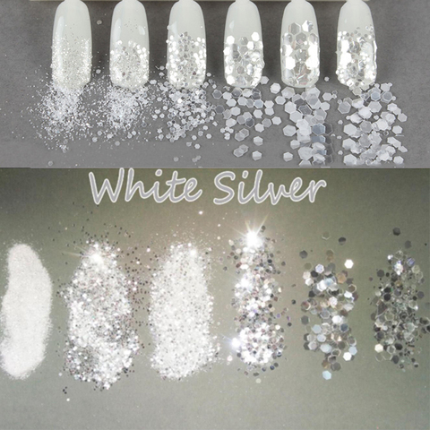 10g/Jar White Silver Mix 1mm&2mm&3mm Nail Glitter Sequins Holographic/iridescent Powder For Gel Polish Luxury Sequins 23# ► Photo 1/4